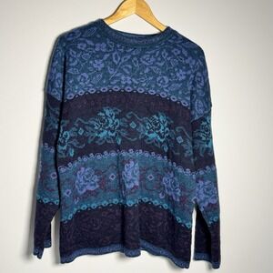 Vintage Floral Knit Sweater Blue Teal Purple Boho Cottagecore Oversized L 90s